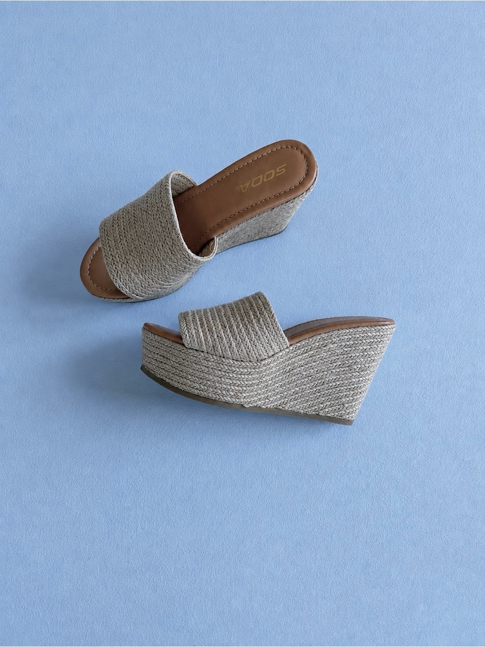 Soda Natural-Tone Raffia Wedge Slide Sandals